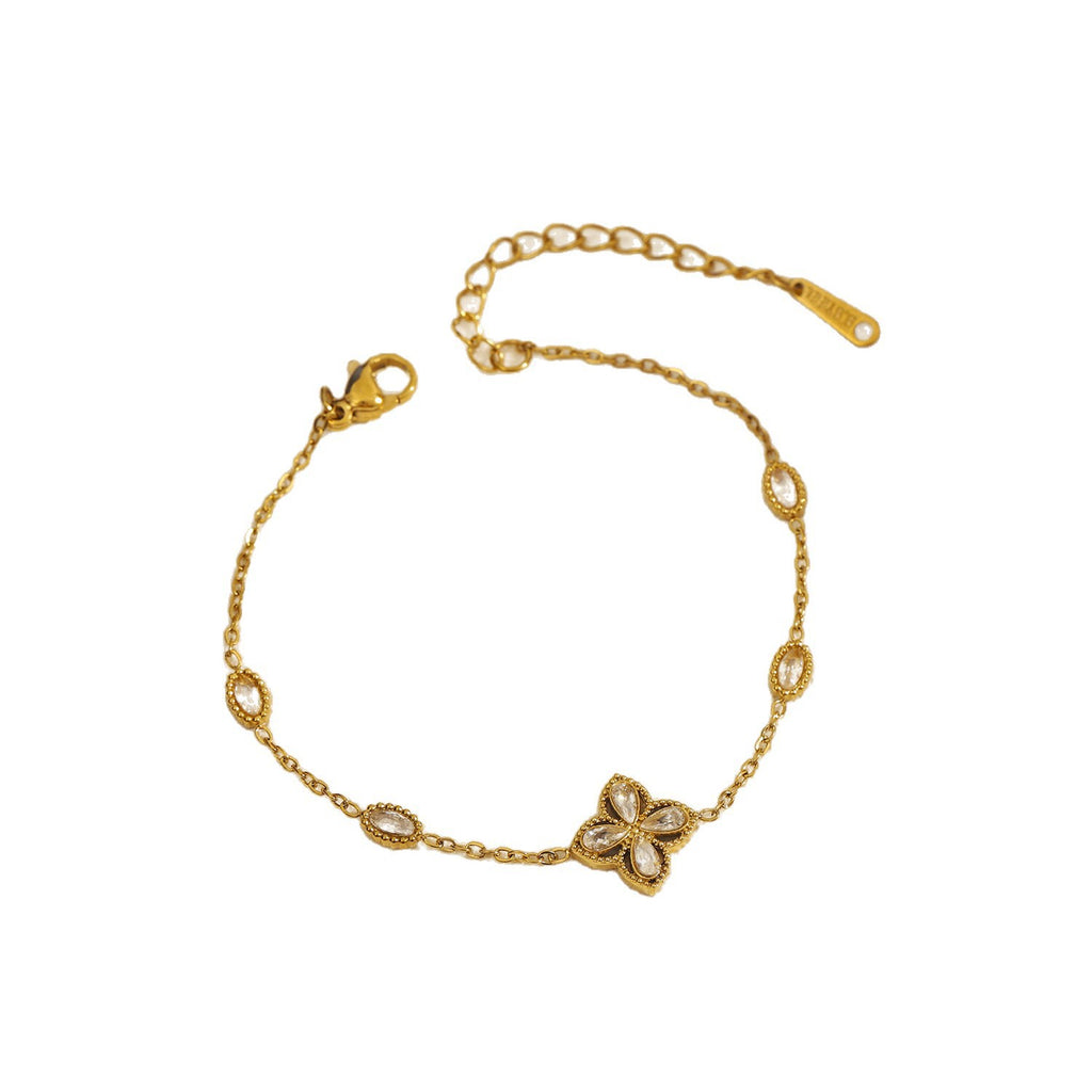 Japanese And Korean Ins New Style Titanium Steel White Diamond Four-Leaf Flower Bracelet For Women, Niche Design, Versatile, Light Luxury, High-End Feel, Gift Idea